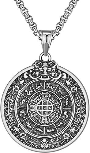 Lucky Symbol Necklace Men Stainless Steel Pendant Chain Chinese Zodiac Vintage Style Male Jewelry for Daily Wear