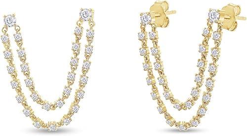 Double Piercing Dangle Chain Studs Earrings, 1.00 Carat (ctw) Moissanite Diamond Drop Earrings In 14k Gold Over Sterling Silver | Earscapes Earrings Gifts for Her