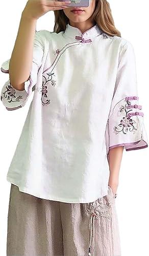 Oplxuo Women's Cotton Embroidered Tops Summer 3/4 Sleeve Chinese Frog Blouses Traditional Mandarin Collar Floral Shirts