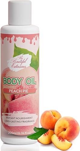 Body oil designed for Deep Hydration to nourish, protect, and rejuvenate the skin while leaving it with a soft, radiant glow and a peach scent long -lasting fragrance jojoba oil and more 6.76oz