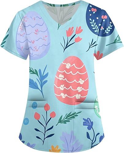 HXHYQKP Easter Scrub Tops Women Bunny Egg Hunt Print Scrubs Short Sleeve Holiday Working Uniform with Pockets