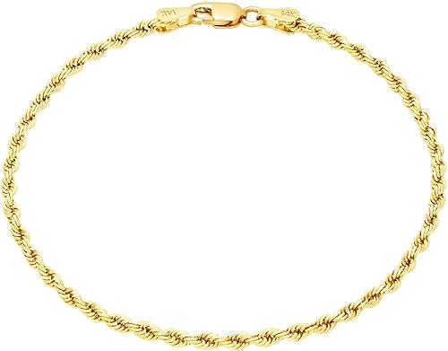Nuragold 14k Real Yellow Gold 1.8mm Solid Rope Chain Diamond Cut Bracelet or Anklet (7"-9") Italian Jewelry for Men & Women