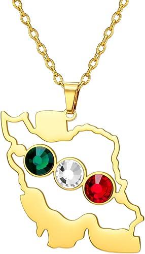 TEAMER Iran Map Necklace Stainless Steel Flag Color Rhinestone Iranian Patriotic Pendant Necklace Persian Jewelry For Women Men