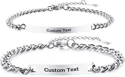 Personalized Matching Bracelet for Couple Engraved Name Date Adjustable Stainless Steel Jewelry Couples Bracelets for Him and Her Gift for Valentine's Day Anniversary