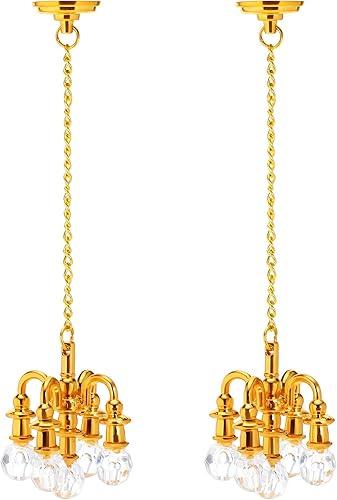 VOSAREA 2pcs Dollhouse Miniature Chandeliers 1:12 Scale Chandelier Pendants Mini Hanging Ceiling Light Tiny Dollhouse Ceiling Lamps