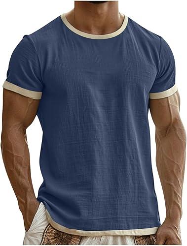 Men's Linen Cotton Ringer T-Shirt Contrast Trim Crew Neck Lightweight Short Sleeve Tee for 2026 Summer Wear