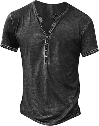 Mens Vintage Henley Shirts Classic Short Sleeve Button Shirts Solid Color Casual Shirt Distressed Acid Washed Cotton Tops