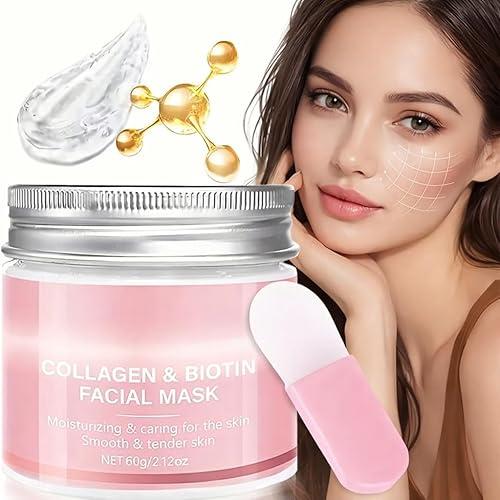 Collagen and Biotin Facial Mask - 72H Lasting Moisturizing Jelly Face Mask for Dry Skin - Smooth and Tender Skin Care Peel Off Mask - Non-Sticky Hydrating Overnight Mask with Applicator - 60g/2.12oz