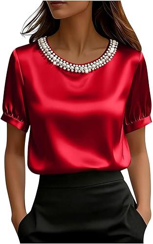 Women's Satin Blouses Short Sleeve Elegant Pearl Beaded Round Neck Silk Shirt Business Casual Tops for Office