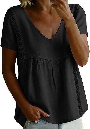Women's Summer Babydoll Peplum Tops Cute Lace Trim V Neck Short Sleeve Cotton Blouse Casual T Shirts Beach Vacation