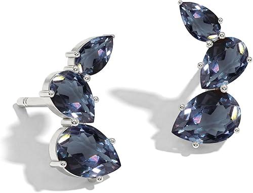 GOODSTONE JEWELS Pear Shape Ear Climber Earrings for Women in 925 Sterling Silver | Push Back Graduated Three Stone Design | Natural Birthstone Jewelry Gift for Her