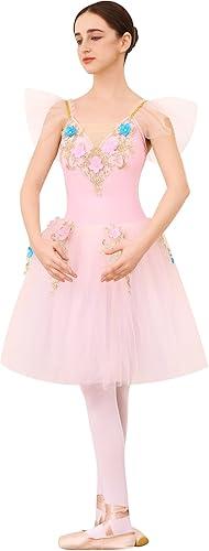 AFAVOM Ballet Leotards for Women Ballerina Performance Swan Lake Costumes Embroidery Tulle Camisole Skirted Leotard Dancewear