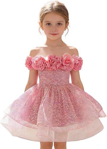 Flower Girl Dress Off Shoulder Elegant Puffy Tulle Pageant Prom Gown Sparkly Princess Formal Evening Party Dress