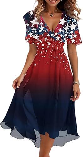 USA Patriotic Dress Women American Flag Tank Dress Sleeveless Round Neck Patriotic Ruffle Swing Midi Sundress, S-2Xl