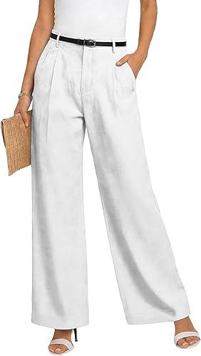 Women's Linen Dressy Work Casual Pants Straight Wide Leg Trousers with Pockets Business Casual Outfits