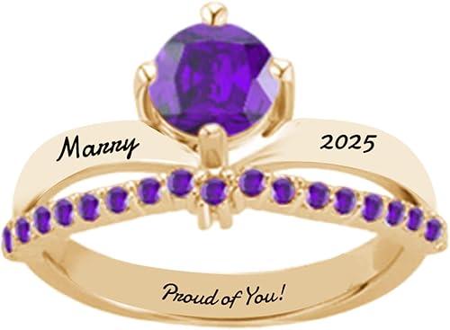 Round Class Ring 2025 2026 Solid 10k/14k/18k Gold Custom Birthstone Engraved Name University Graduation Ring For Women