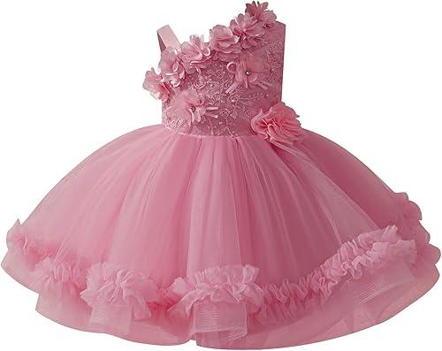 IBTOM CASTLE Infant Baby Flower Girl Dress Asymmetric Shoulder 3D Flowers Toddler Wedding Birthday Party Pageant Tutu Dresses