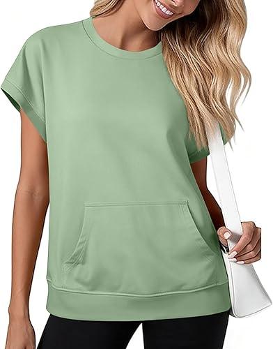 Women Summer Trendy Sweatshirt Casual Dressy Shirts Crew Neck Work Tops Short Sleeve Solid Color Sweatshirt with Pocket