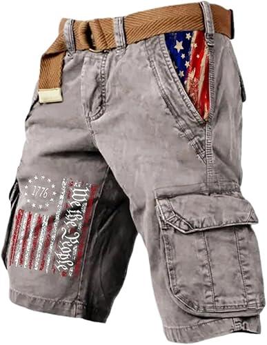 Men's Board Shorts Mens Retro Cargo American Flag Print Cotton Twill Work with Multi Pockets