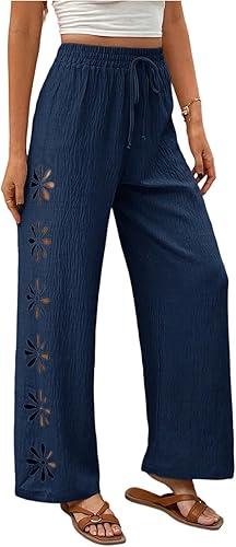 Women's Linen Blend Wide Leg Pants with Floral Cutout Elastic Waist Casual Trousers Casual Daily Outings