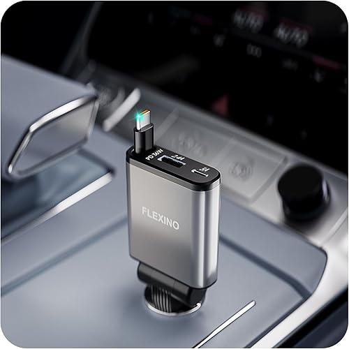 Flexino 【Ultra-Slim】 Retractable Car Charger for iPhone 17, Fast Charging Car Chargers, USB C Car Charger, Cigarette Lighter Adapter for iPhone 17/16/15/14/13/12 Series, Galaxy, Gray, 1 Pack