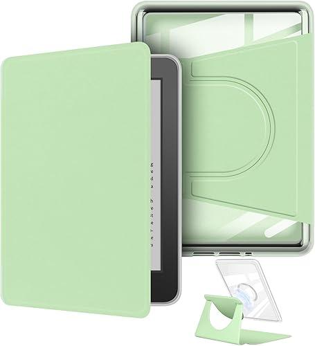 360 Degree Rotating Case for 7" Kindle Colorsoft (1th Generation-2025/2024 Release), Detachable Magnetic Design Protective Adjustable Stand Cover Clear Back with Auto Sleep/Wake, Light Green