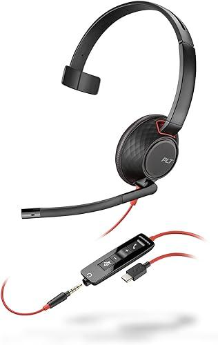Poly Blackwire 5210 Wired Headset (Plantronics) Flexible Noise-Canceling Boom Mic Single-Ear Design - PC/Mac, Mobile via USB-C, USB-A, 3.5mm - Works w/Teams, Zoom - Amazon Exclusive (9P7X5AA)