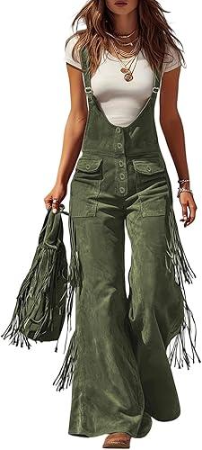 Ladies Dressy Western Suede Jumpsuits Fringe Short Sleeve Rompers Solid Color Vintage One Piece Jumpsuits