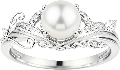8mm Round Pearl Engagement Rings for Women 10K 14K 18K Gold Natural Tahitian/Akoya/Freshwater Pearl Promise Wedding Anniversary Ring for Her Size 4-15
