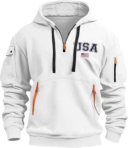 Mens Hoodies Pullover Quarter Zip American Flag Usa Printed Long Sleeve Drawstring Tactical Sweatshirts With Pockets