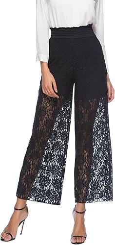 Women Sexy See Through Lace Pants Sheer Mesh Elastic High Waist Wide Leg Pants Hollow Out Party Vacation Trousers
