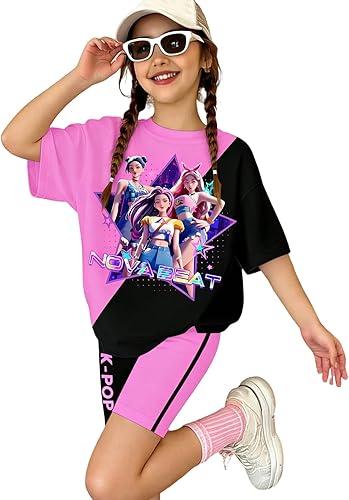 Kpop Two-Tone T-Shirt and Shorts Set for Girls 2 Piece Kids Outfit with Demon Accents for Young Hunters Fans