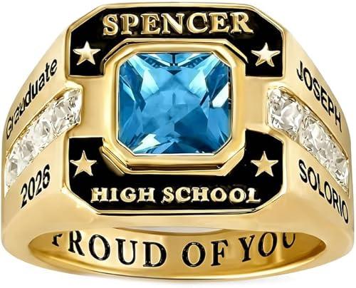 10K/14K/18K Gold Personalied Mens Class Rings Customized High School College Class Ring Customized Text and Birthstones Ring Graduation Gift for Men Size 3-16