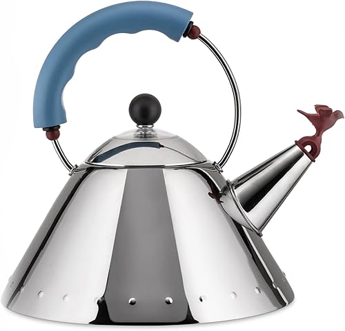Alessi 9093 - Design Kettle with Handle and Bird-Shaped Whistle, Stainless Steel and PA, Light Blue — 37% off