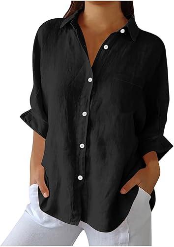 Women Button Down Shirts Cotton Linen Blouse Tops Long Sleeve Gauze Collar Shirt Tunic Loose Fit