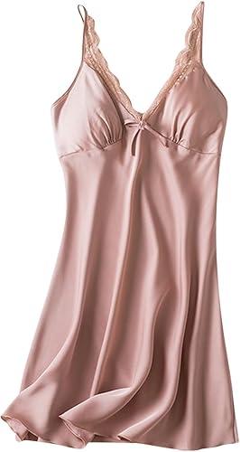 Oplxuo Women's Satin Nightgowns with Built in Bra Lace Trim Sleep Dress Sleeveless Silk Sleepwear Spaghetti Strap Nightdress