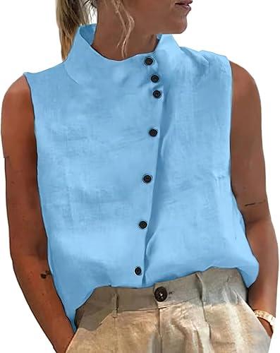 Women's Sleeveless Stand Collar Blouse Button Down Shirts Dressy Casual Tops for Office & Everyday Outfits