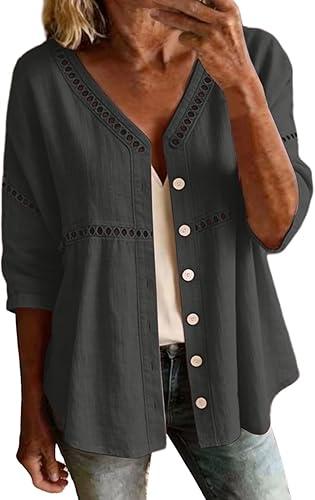 Women Button Down Linen Shirts 3/4 Sleeve V Neck Eyelet Blouses Dressy Casual Cotton Hollow Out Boho Tops for Summer