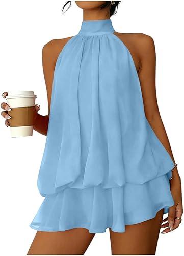 Party Dress for Women Halter Tie Backless Chiffon Mini Dress Sleeveless Going Out Dresses Ruffle Brunch Outfits