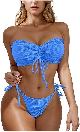 Womens High Waisted Bikini Sets Push Up Swimsuits Strapless Chest Drawstring Two Piece Tube Bathing Suits