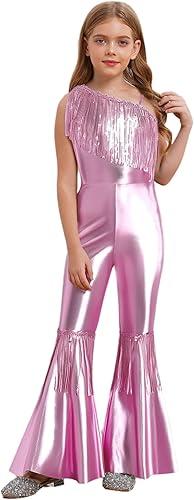 YiZYiF Kids Girls One Shoulder Flared Jumpsuits Disco Fancy Dress Up Fringed Cosplay Party Bodysuits