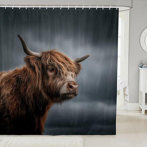 Erosebridal Highland Cow Waterproof Bathroom Curtains Brown Cattle Shower Curtain Nature Wild Animal Bath Curtain Rustic Wildlife Kid’S Shower Accessories 72" Wx78 L