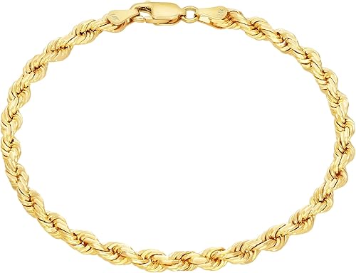 Nuragold 14k Real Yellow Gold 4mm Solid Rope Chain Diamond Cut Bracelet (7"-9") Italian Jewelry for Men