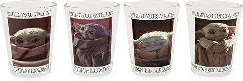 Toynk Star Wars: The Mandalorian Grogu Memes 1.5-Ounce Mini Glass Cups, Set of 4 | Whiskey Shot Glasses, Home Barware For Liquor and Beverages, Kitchen Decor Essentials | Cute Baby Yoda Collectibles