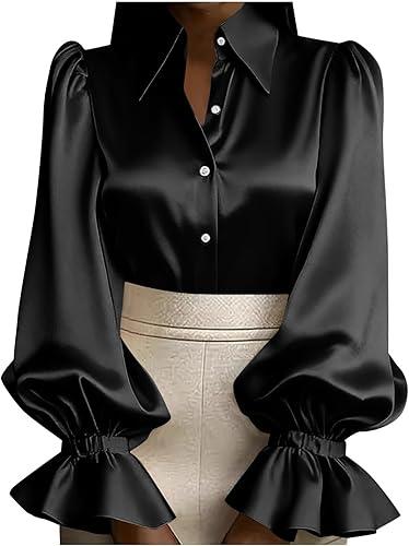 Womens Silk Satin Tops Dressy Casual Long Puff Sleeve Button Down Shirts Collared V-Neck Business Work Blouses