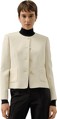 LilySilk Silk Double Joe Boxy Jacket Padded Shoulder for Women Long Sleeve Round Neck Patch Pockets