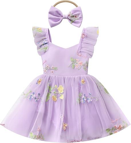 FYMNSI Infant Baby Girl 1st Birthday Outfit Floral Lace Tulle Romper Tutu Dress Headband 2PCS Bodysuit Princess Summer Clothe