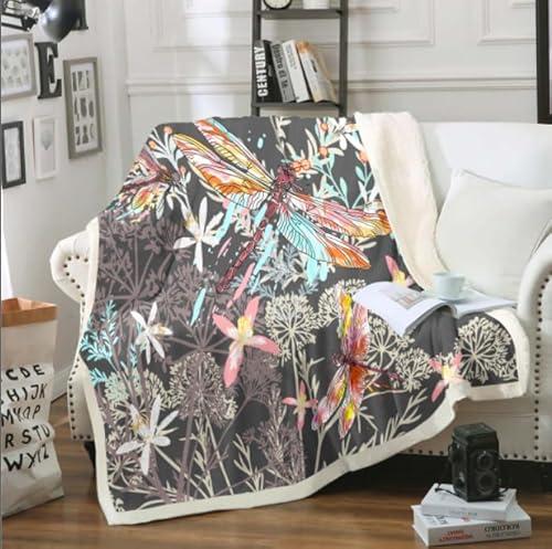 Feelyou Dragonfly Sherpa Blanket Throw 50x60 Inches Botanical Floral Fleece Throw Blanket for Kids Girls Teens Women Bedroom Decor Nature Animals Branches for Sofa Bed Couch Grey