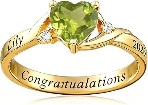 Silver/10K 14K 18K Gold Custom Class Rings for Women High School Graduation Ring with Heart Birthstone Personalized University College Rings for Her