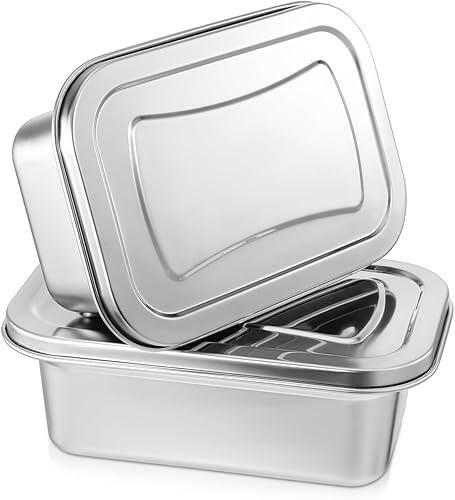VOSAREA 2pcs Stainless Steel Ice Cream Container, Ice Cream Storage Containers With Lids, Reusable Freezer Tubs for Homemade Food (7.58X4.91X2.75in)